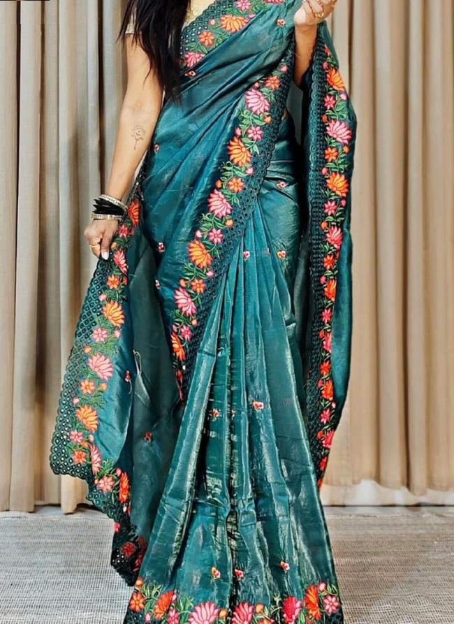 Pure Gold Crush Sea Blue Traditional Wear Embroidery Work Saree